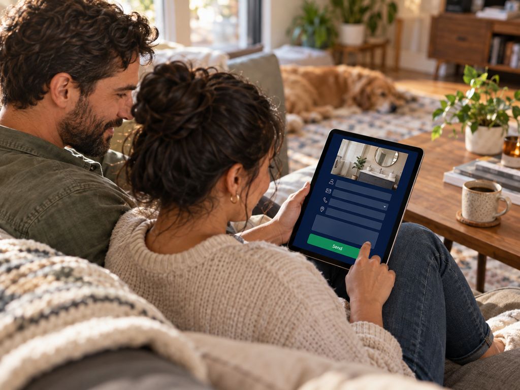 Ilustración: pareja en el sofá llenando un formulario de solicitud de cotización en una tablet