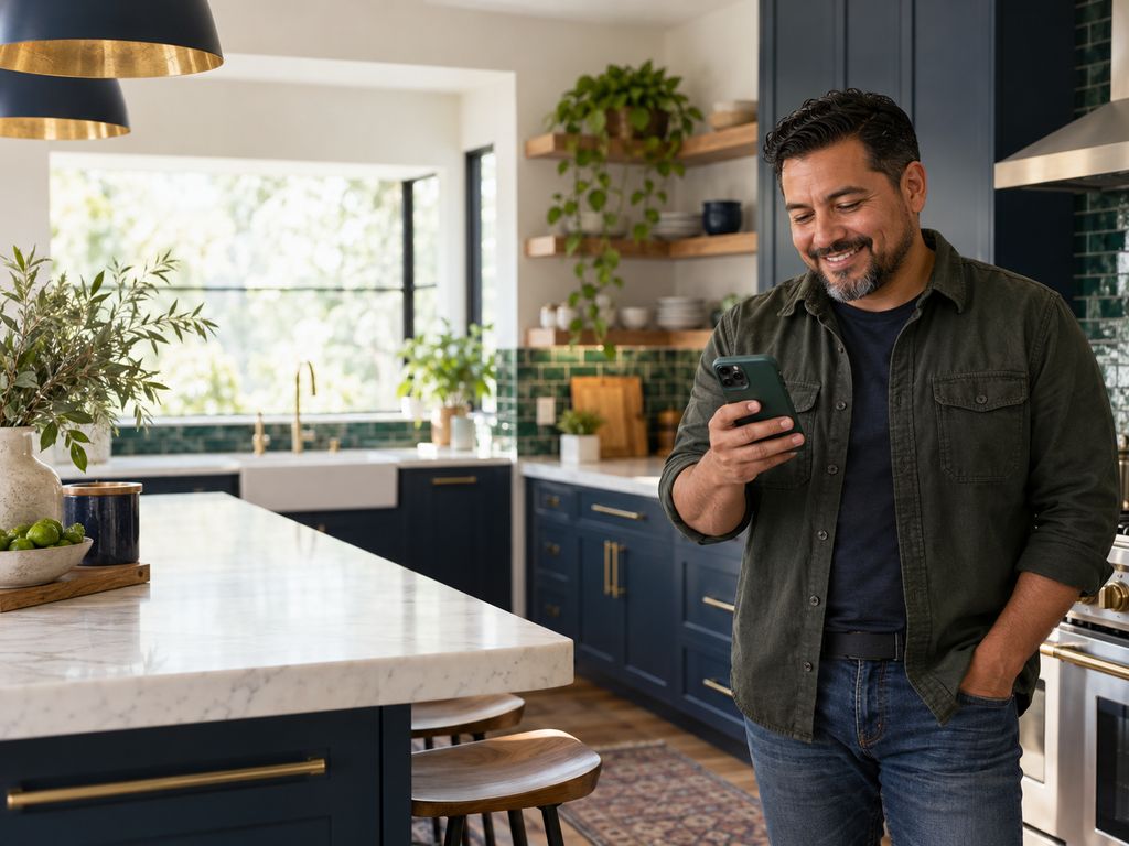 Ilustración: contratista sonriendo mientras revisa su celular en una cocina remodelada con azulejos azul marino y verde esmeralda