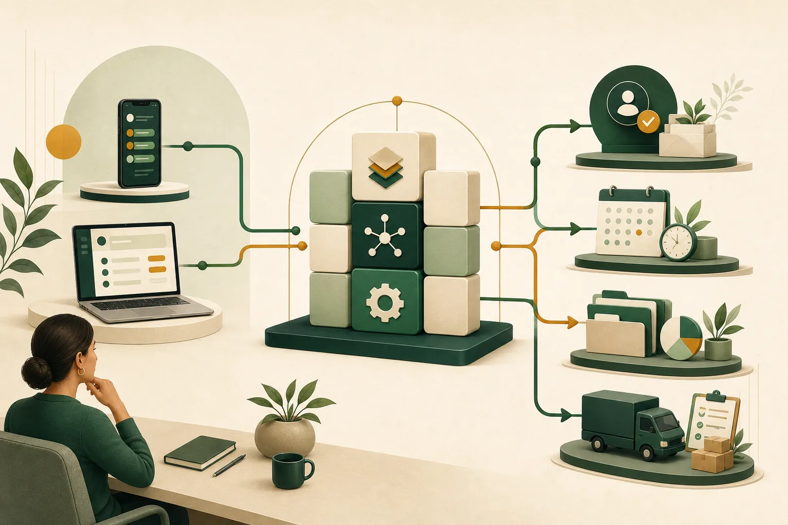 Ilustración de un sistema modular que conecta consultas, seguimiento, agenda, organización comercial y operación.